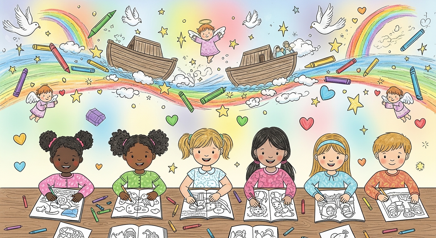 Crianças colorindo desenhos bíblicos